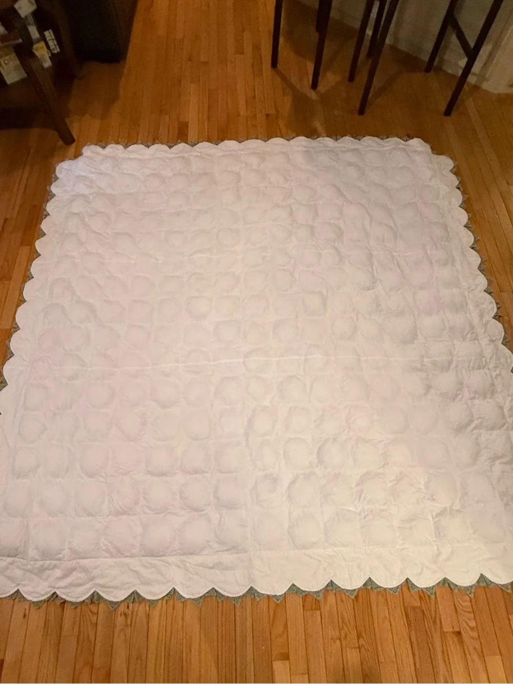OOAK Handmade White Floral Crochet Appliqué Cotton Comforter Blue Crochet Trim